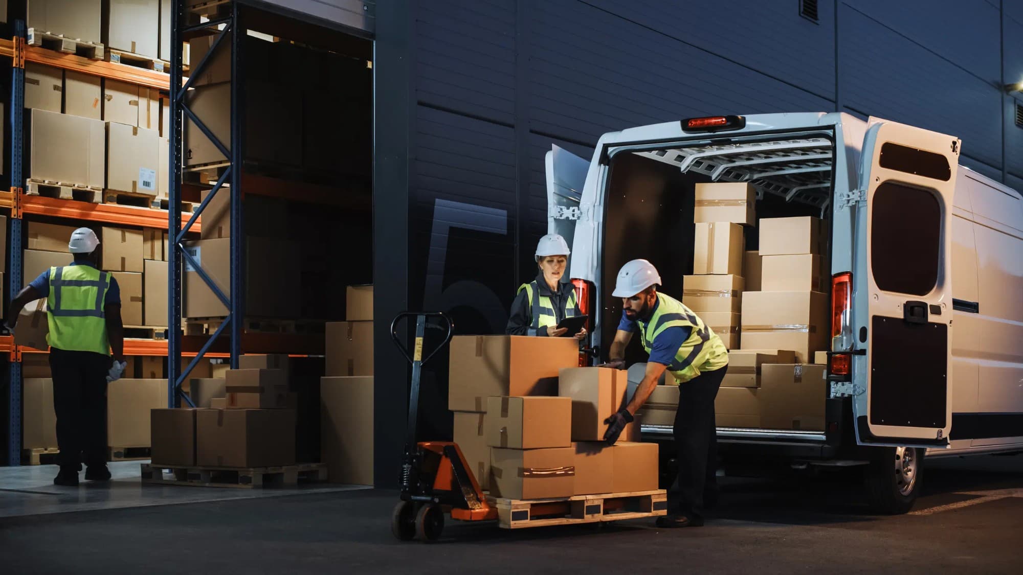 USPS-S overnight loading bay — couriers loading parcels into a van after dark